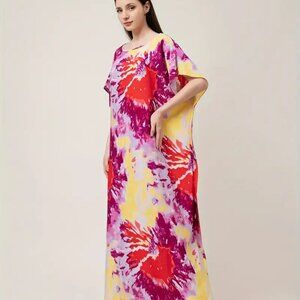 Red Ethnic Dramatic Asian Flower Burst Vibrant Tie Dye Viscose Kaftan Maxi Dress